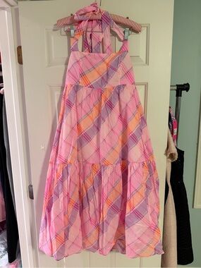 Lilly Pulitzer Pink Plaid Midi Dress with Orange & Lavender Accents Anlee madras